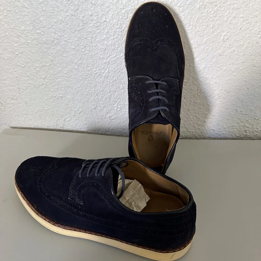 Men's MASSIMO DUTTI Suede Wingtip Oxford‎ Shoes Lace-Up Perforated Loafer Navy